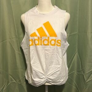 Adidas White and Yellow Logo Tank Top